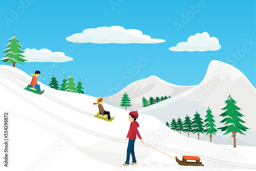 two boyfriends sledding race in snowy mountains