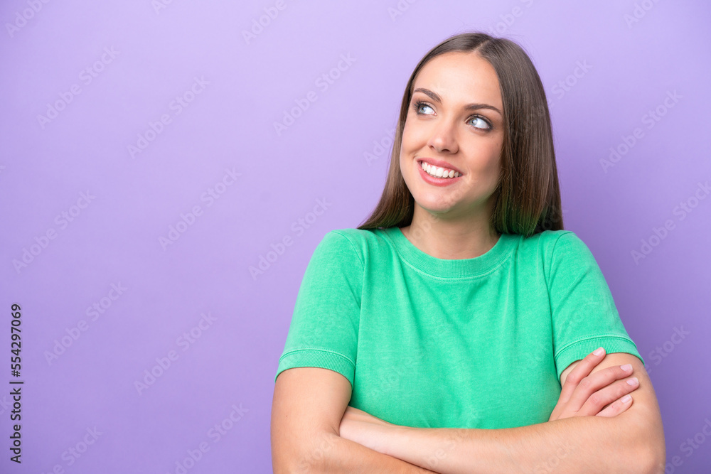 Young caucasian woman isolated on purple background happy and smiling Young caucasian woman isolated on purple background happy and smiling