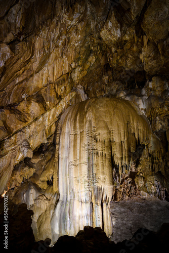 Bizarre and fabulous karst deposits, stalactites and stalagmites in the New Athos Cave in Abkhazia