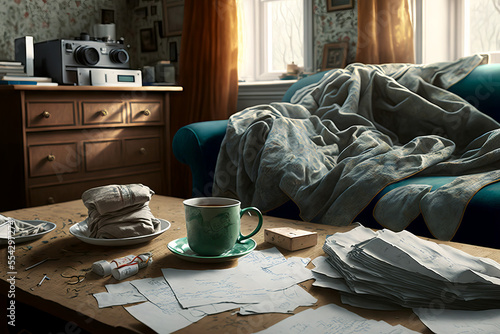 Illustration of a living room with coffee cups on table papers in a messy room.
Generative ai