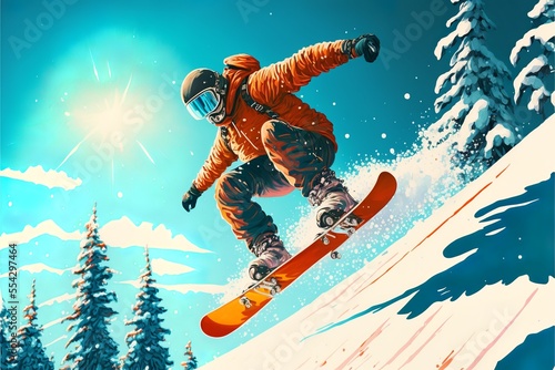 Snowboard extreme sport winter mockup with sunny weather