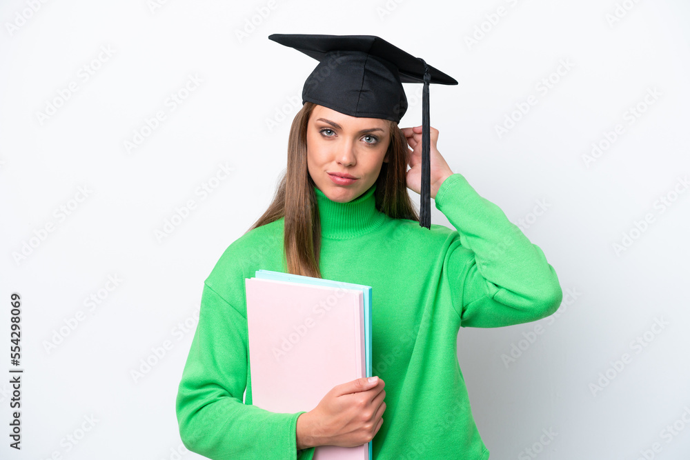 Young student caucasian woman isolated on white background having doubts Young student caucasian woman isolated on white background having doubts