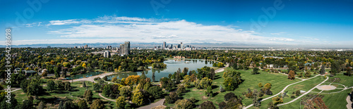 Panoramic view of the city of Denver with overview of Ferril Lake and City Park; Colorado, United States of America photo