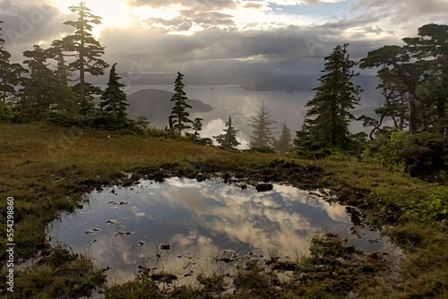 Fog lifts over islands of muskeg bogs and forests in Sitka Sound, Alaska, USA