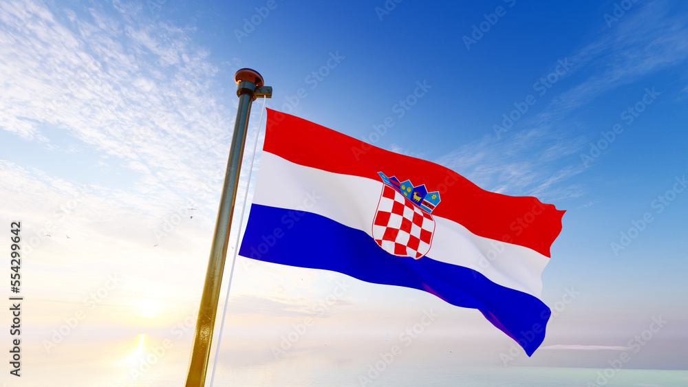 Fototapeta premium Flag of Croatia waving in the wind, sky and sun background. Croatia Flag. Ultra Hd, 3d rendering.