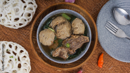 Homemade Bakso Sapi or Meatball Soup. Bakso Sapi is Authentic Indonesian Meatball Made from Beef and Served with Beef Broth and Chunks of Beef Fat.
