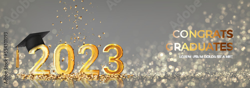 Banner for design of graduation 2023. Golden numbers with graduation cap and confetti on background with effect bokeh. Congratulations graduates 2023. Vector illustration for degree ceremony design.