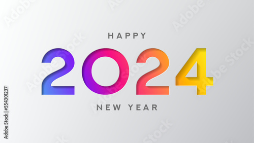 2024 Happy New Year banner. Vector illustration with colorful numbers 2024 with trendy gradient. New Year holiday symbol template on gray background.