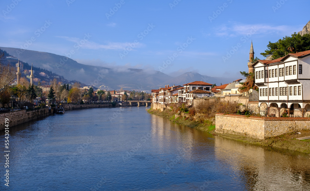 View of traditional Ottoman houses on the banks of Yeşilırmak River in Amasya city