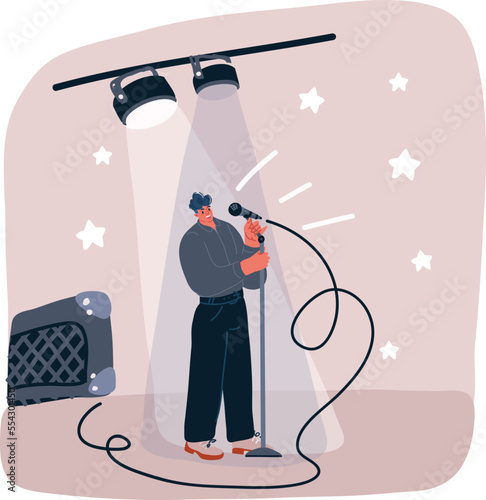Stand up comedian performance. Comedy show. A man with a microphone in his hands tells funny stories in public. Vector illustration in flat style