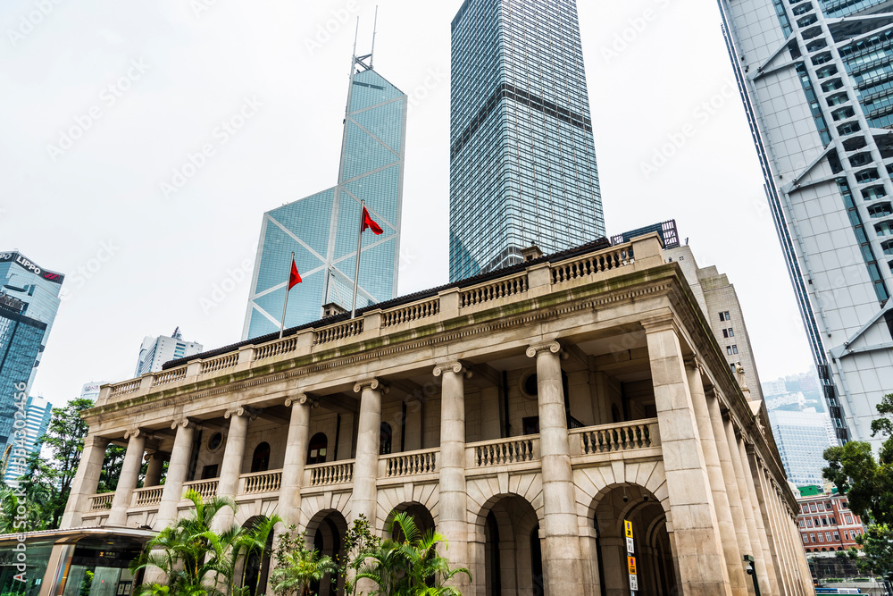The Old Supreme Court Building exterior with skyscraper background in Hong Kong, China.