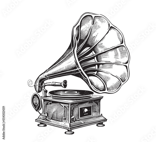 Musical gramophone sketch hand drawn vintage Vector illustration