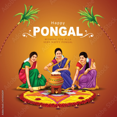 new illustration of Happy Pongal Holiday Harvest Festival of Tamil Nadu woman's making Pongal. vector background design