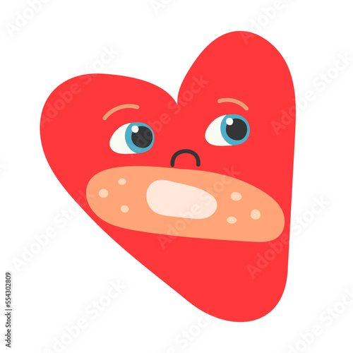 Cute healing heart with an adhesive bandage. Hand drawn vector illustration. Healing concept. Heart character.