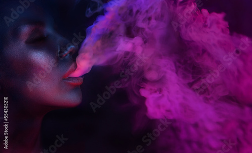 Art Portrait of Beautiful Woman with glamorous mystical makeup blowing fuchsia smoke