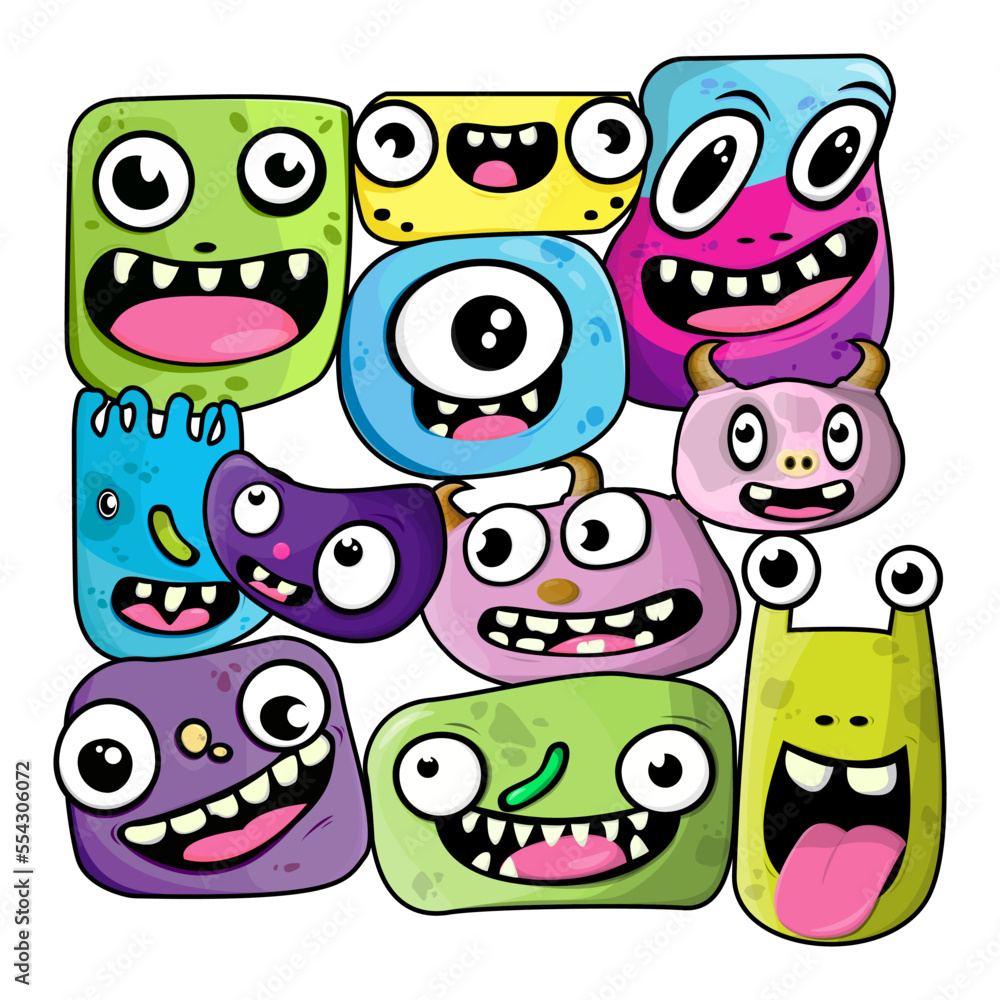 Set of Hand Drawn Cartoon Monster Doodle Flat Style Set of Hand Drawn Cartoon Monster Doodle Flat Style