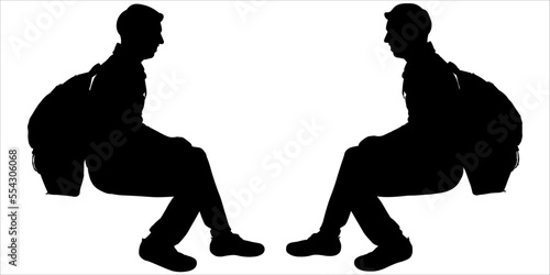Men tourists sit opposite each other. Chatting tourists. Hiking. Hiking tourist. The guy with a backpack behind his back sat down, resting. Side view, profile. Two black silhouettes isolated on white