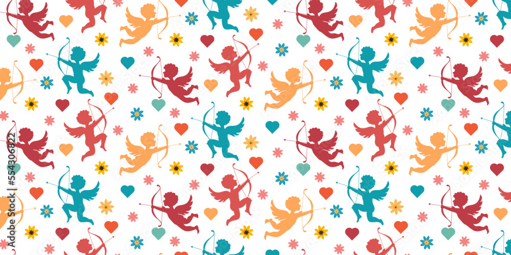Valentine's day seamless pattern with flowers, hearts, and cupid.  Valentine's day background, print Valentine’s day. Heart print, romantic background.