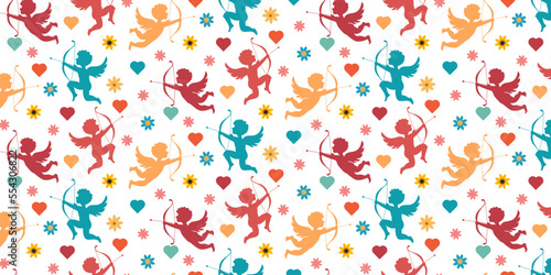 Valentine's day seamless pattern with flowers, hearts, and cupid. Valentine's day background, print Valentine’s day. Heart print, romantic background.