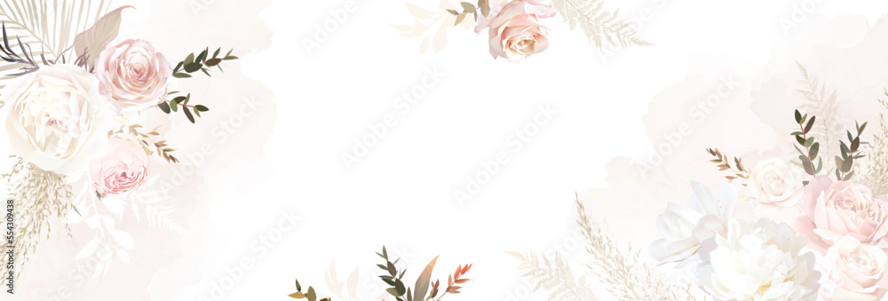 Modern beige and blush trendy vector design banner. Pastel pampas grass, fern, white peony, pale magnolia
