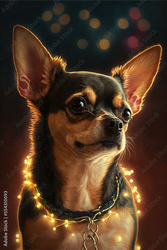 Chihuahua with Christmas lights, glowing pet dog, lap dog and Christmas decorations portrait illustration, puppy studio shot generative ai art, black background