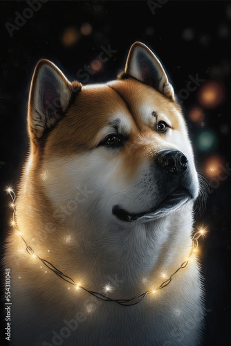 Akita inu with Christmas lights, glowing pet dog, dog and Christmas decorations portrait illustration, puppy studio shot generative ai art, black background © Sabine