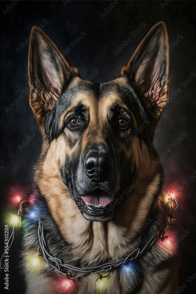 Fototapeta premium German shepherd with Christmas lights, glowing pet dog, dog and Christmas decorations portrait illustration, puppy studio shot generative ai art, black background