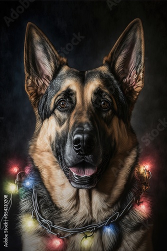 German shepherd with Christmas lights, glowing pet dog, dog and Christmas decorations portrait illustration, puppy studio shot generative ai art, black background