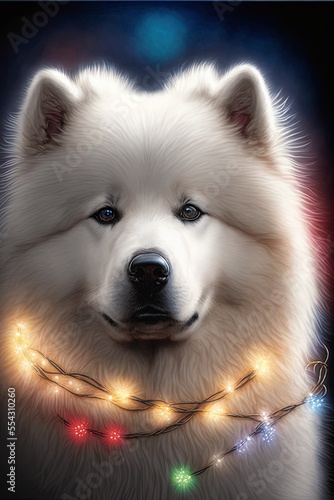 White samoyed with Christmas lights, glowing pet dog, dog and Christmas decorations portrait illustration, puppy studio shot generative ai art, black background © Sabine