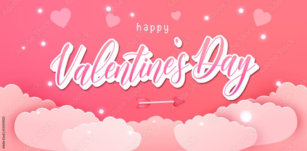 Vector romantic template of sale horizontal banner for Valentine’s Day with red and pink realistic paper hearts and clouds, arrows, ribbon and frame. Holiday blur background for discount