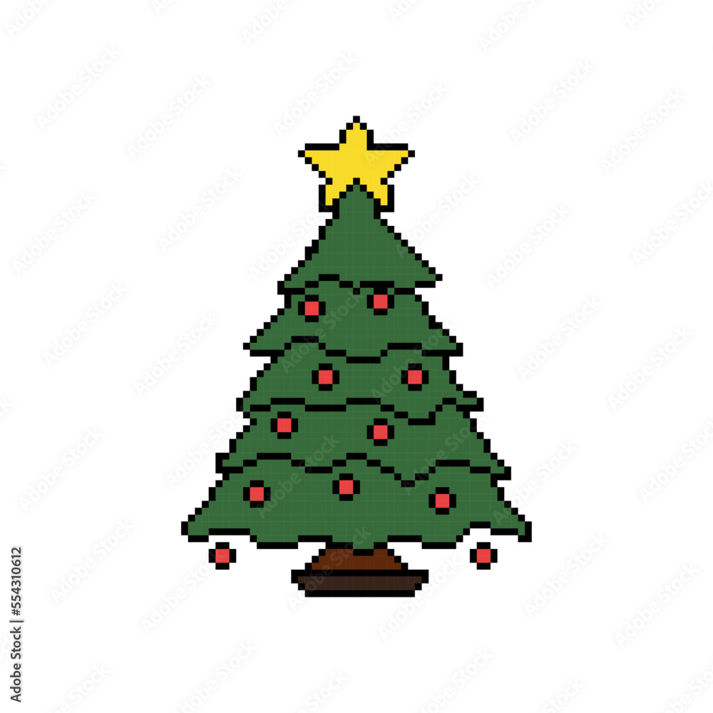 Christmas tree vector illustration in pixel art, vector flat design. Christmas tree vector illustration in pixel art, vector flat design.