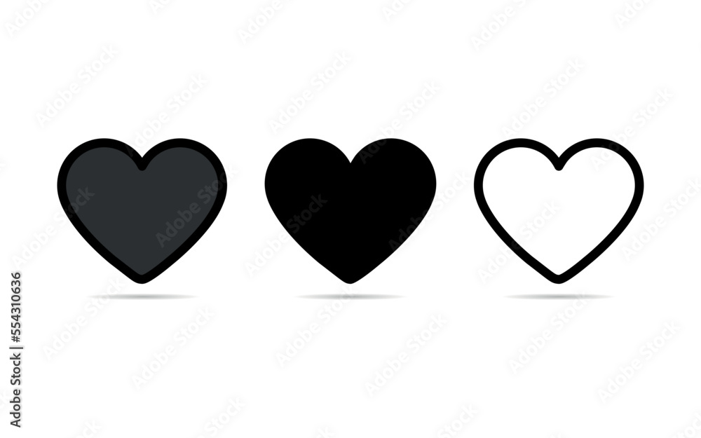 Heart vector flat icons in different shapes and fills.