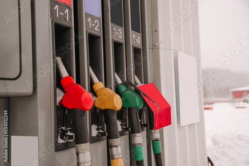 gas station, dispensers with different types of fuel close-up, car fuel