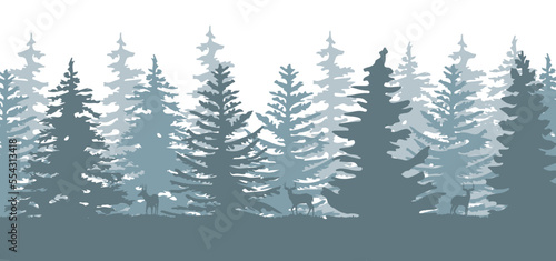 Spruce silhouette forest with deer