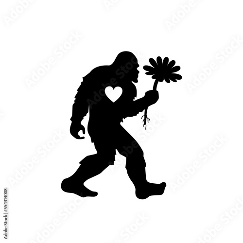 Bigfoot with heart and flower. Valentines' day Yeti silhouette. T shirt design. Vector illustration.