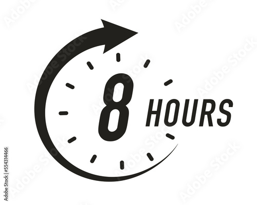8 hours timer vector symbol black color style isolated on white background. Clock, stopwatch, cooking time label. 10 eps