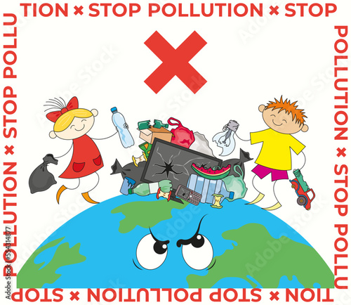 Stop pollution banner with simple characters and a pile of different garbage on a light background with earth and a frame