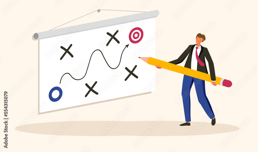 Strategy illustration man hold pen. Planning for success, chaos way to target, team brainstorm for reach way to goal, business analysis, Strategy illustration man hold pen. Planning for success, chaos way to target, team brainstorm for reach way to goal, business analysis,