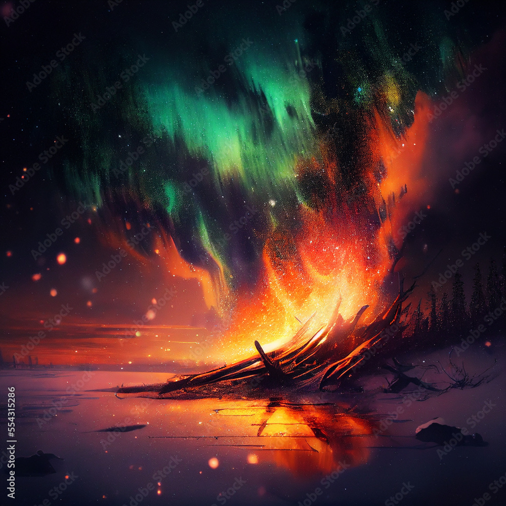 Aurora Borealis and huge bonfire burning . Night sky. Generative AI picture