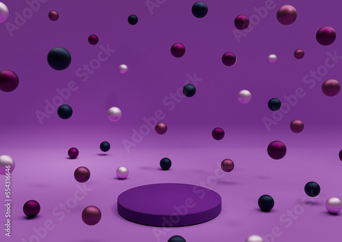 Bright purple, violet 3D illustration minimal product display Christmas themed colorful decoration Christmas balls colorful metallic marbles falling photography wallpaper one podium stand horizontal