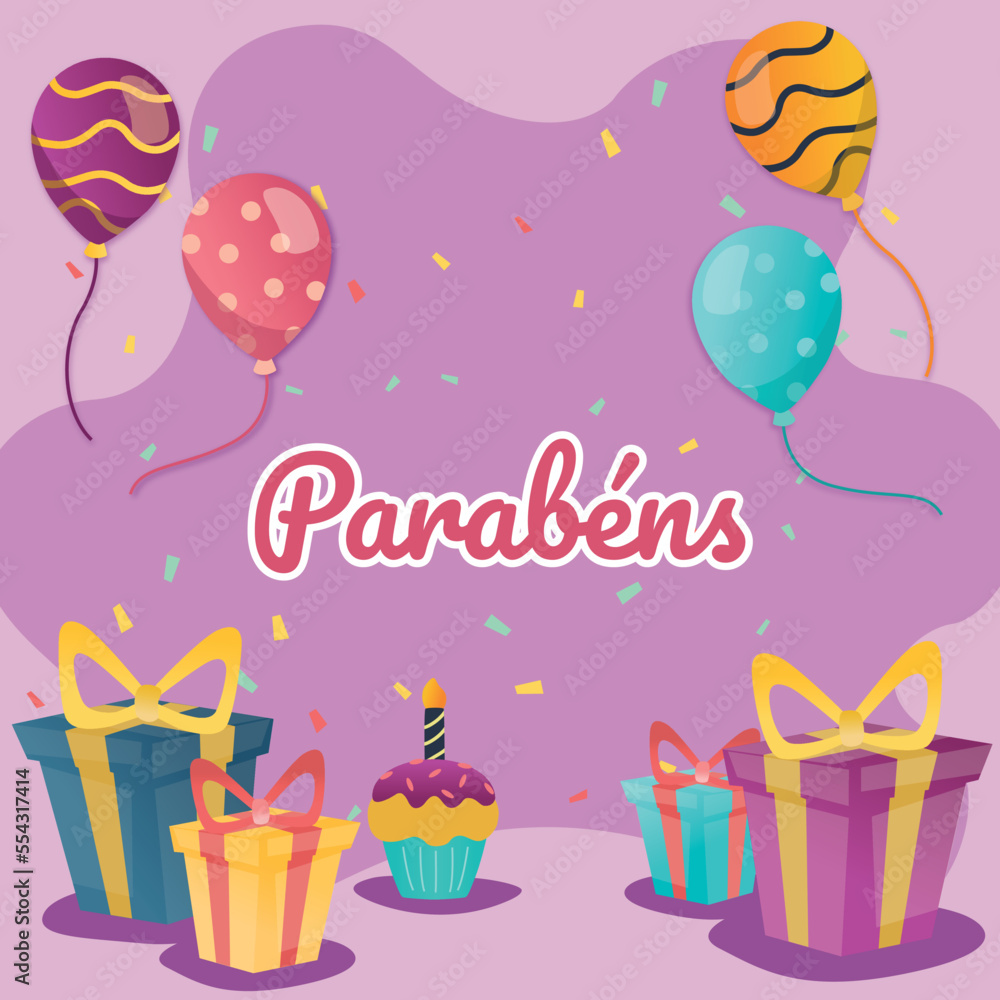 Cartão de aniversário com caixas de presente e balões. ilustração ...