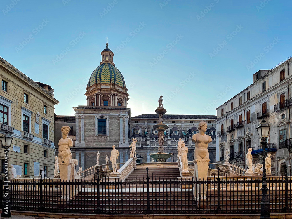 The Praetorian Fountain on the Piazza Pretoria in the heart of the city of Palermo in Sicily. The fountain was originally built in 1544 in Florence but was sold, transferred and reassembled in Palermo