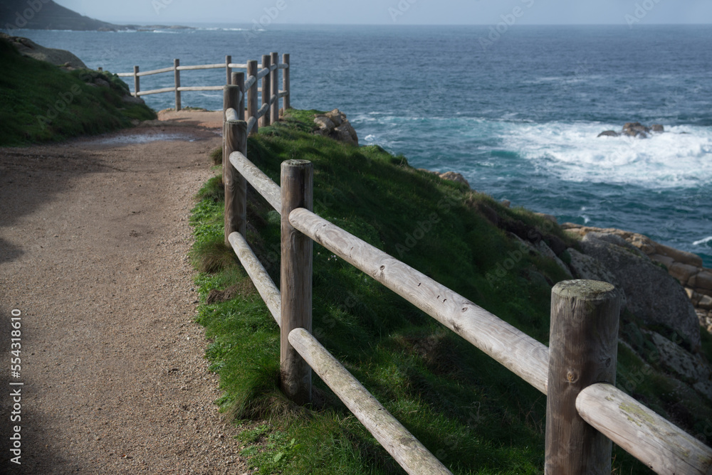 Seashore with green grass and wooden fence against blue water
