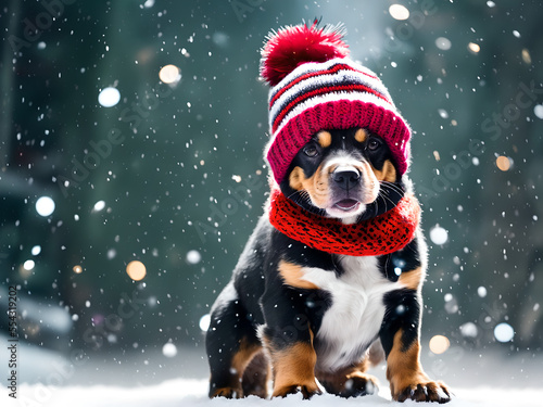 cute dog wearing a cozy hat in winter snow