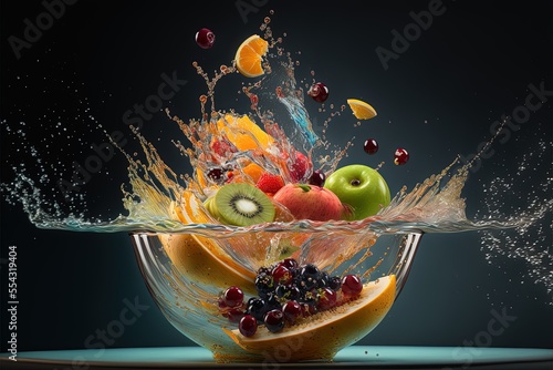 Fresh fruits in a bowl, splashing with fruit juice © GHart
