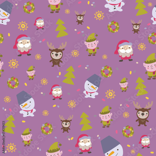 Ditsy Christmas hand drawn seamless pattern with Santa claus, snowman, elf and reindeer on purple background.
