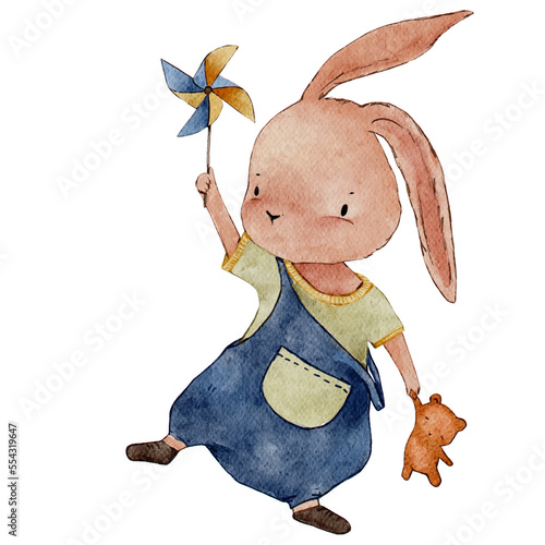 Photography Rabbit holding windmill toy and teddy bear,Watercolor hand paint Cartoon bunny p