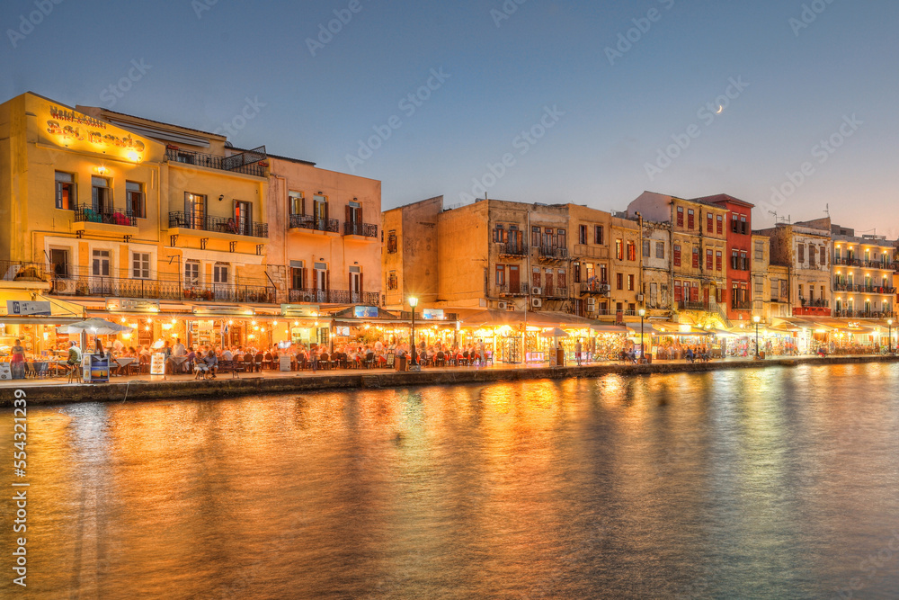Chania’s Harbour after sunset in Crete, Greece