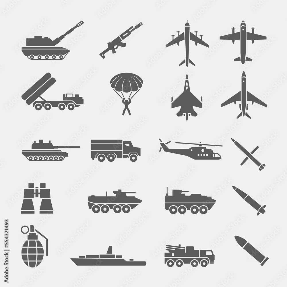 vector icons set army war transport military weapon 