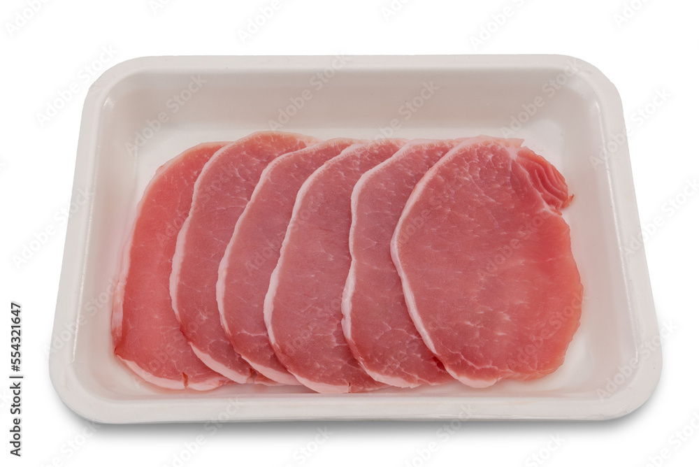 Raw pork loin steaks in food plastic tray for sale isolated on white, clipping path Raw pork loin steaks in food plastic tray for sale isolated on white, clipping path